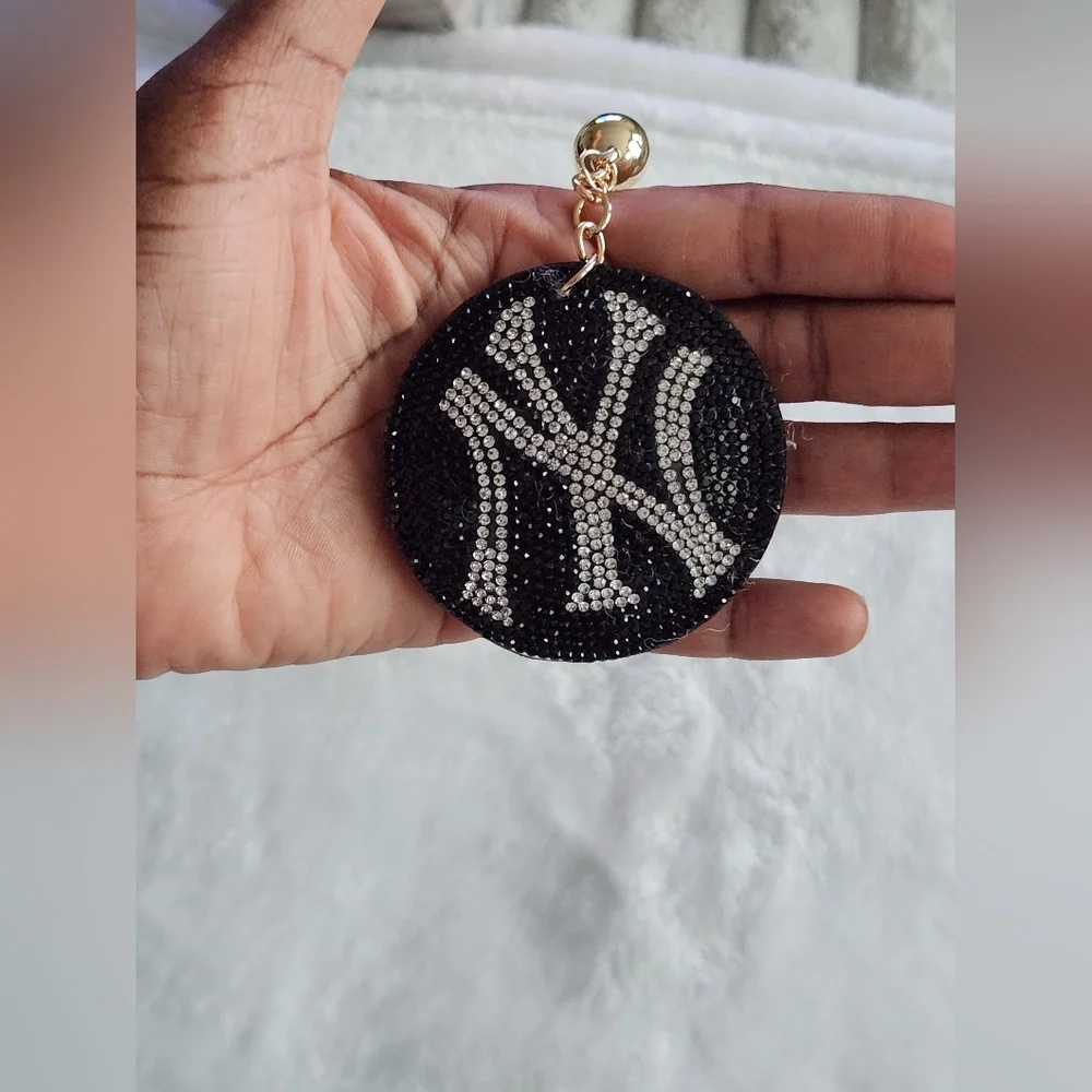 NY Yankees Black and Silver Rhinestone Keychain with Tassel Bag Charm